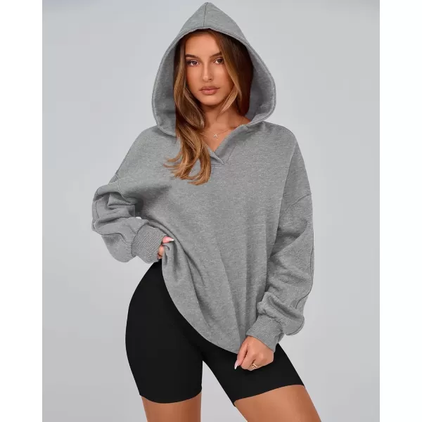 imageBTFBM Womens Oversized Hoodies Casual Fleece Long Sleeve V Neck Sweatshirts 2024 Trendy Fall Outfits Winter ClothesGrey