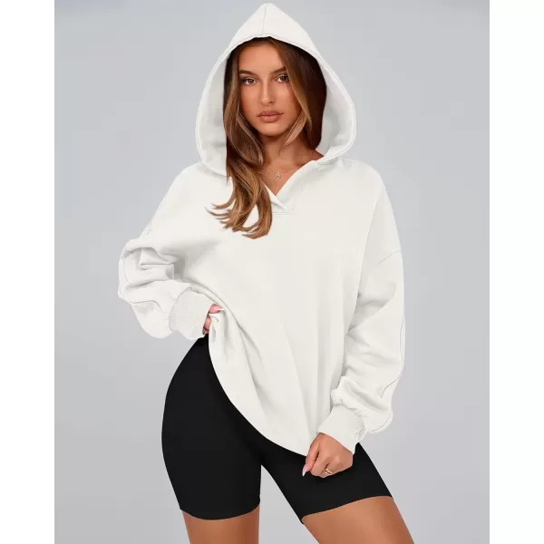 imageBTFBM Womens Oversized Hoodies Casual Fleece Long Sleeve V Neck Sweatshirts 2024 Trendy Fall Outfits Winter ClothesWhite
