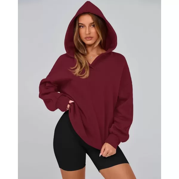 imageBTFBM Womens Oversized Hoodies Casual Fleece Long Sleeve V Neck Sweatshirts 2024 Trendy Fall Outfits Winter ClothesWine Red