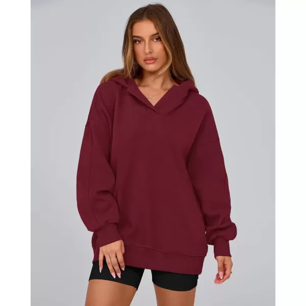 imageBTFBM Womens Oversized Hoodies Casual Fleece Long Sleeve V Neck Sweatshirts 2024 Trendy Fall Outfits Winter ClothesWine Red