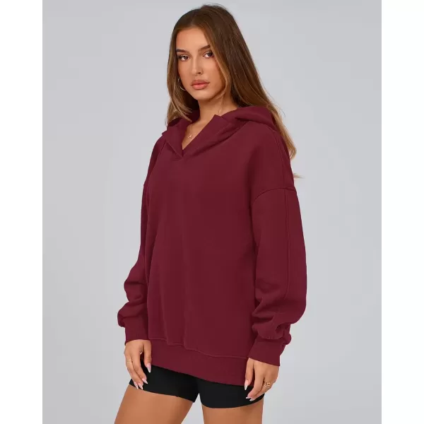 imageBTFBM Womens Oversized Hoodies Casual Fleece Long Sleeve V Neck Sweatshirts 2024 Trendy Fall Outfits Winter ClothesWine Red