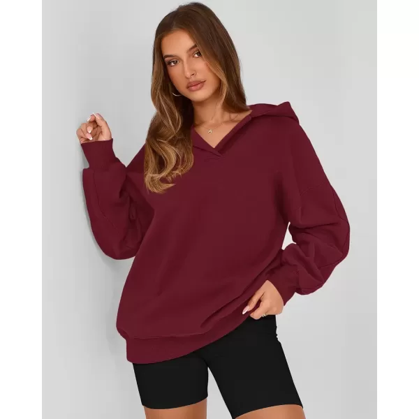 imageBTFBM Womens Oversized Hoodies Casual Fleece Long Sleeve V Neck Sweatshirts 2024 Trendy Fall Outfits Winter ClothesWine Red