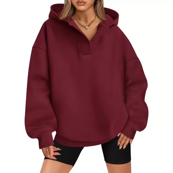 imageBTFBM Womens Oversized Hoodies Casual Fleece Long Sleeve V Neck Sweatshirts 2024 Trendy Fall Outfits Winter ClothesWine Red