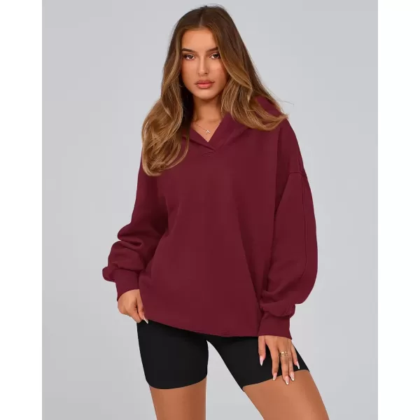 imageBTFBM Womens Oversized Hoodies Casual Fleece Long Sleeve V Neck Sweatshirts 2024 Trendy Fall Outfits Winter ClothesWine Red