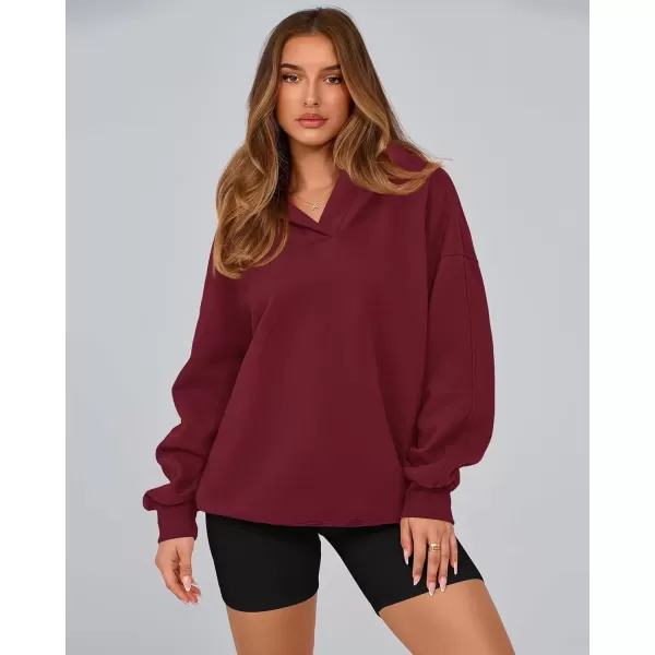 imageBTFBM Womens Oversized Hoodies Casual Fleece Long Sleeve V Neck Sweatshirts 2024 Trendy Fall Outfits Winter ClothesWine Red
