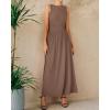 imageBTFBM Womens Sleeveless Maxi Dresses Crew Neck High Waisted Patchwork Ruched Tank Formal 2025 Summer Dress PocketsKhaki