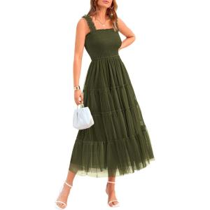 imageBTFBM Womens 2025 Summer Midi Dress Casual Sleeveless Square Neck Smocked Ruffle Tulle Tiered Wedding Guest DressesArmy Green