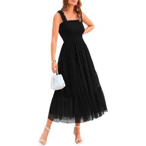 imageBTFBM Womens 2025 Summer Midi Dress Casual Sleeveless Square Neck Smocked Ruffle Tulle Tiered Wedding Guest DressesBlack