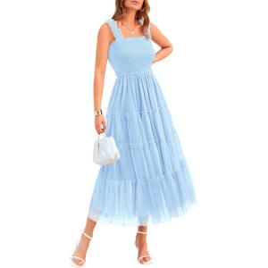 imageBTFBM Womens 2025 Summer Midi Dress Casual Sleeveless Square Neck Smocked Ruffle Tulle Tiered Wedding Guest DressesLight Blue