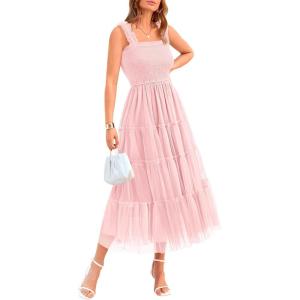 imageBTFBM Womens 2025 Summer Midi Dress Casual Sleeveless Square Neck Smocked Ruffle Tulle Tiered Wedding Guest DressesLight Pink