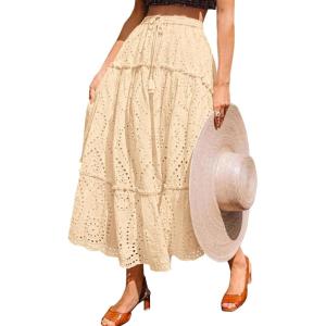 imageBTFBM Womens Boho Casual Skirts Summer 2025 Lace Embroidery Eyelet Drawstring Waist Flowy Tiered ALine Maxi SkirtBeige