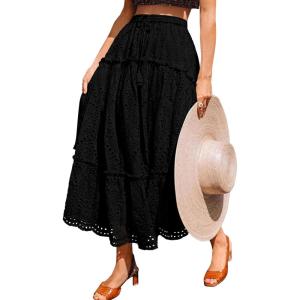 imageBTFBM Womens Boho Casual Skirts Summer 2025 Lace Embroidery Eyelet Drawstring Waist Flowy Tiered ALine Maxi SkirtBlack