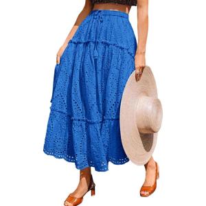 imageBTFBM Womens Boho Casual Skirts Summer 2025 Lace Embroidery Eyelet Drawstring Waist Flowy Tiered ALine Maxi SkirtBlue