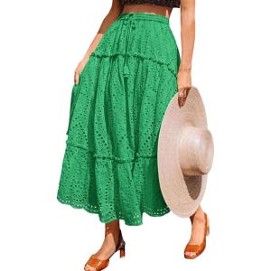 imageBTFBM Womens Boho Casual Skirts Summer 2025 Lace Embroidery Eyelet Drawstring Waist Flowy Tiered ALine Maxi SkirtGreen