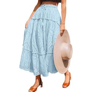 imageBTFBM Womens Boho Casual Skirts Summer 2025 Lace Embroidery Eyelet Drawstring Waist Flowy Tiered ALine Maxi SkirtLight Blue