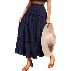 imageBTFBM Womens Boho Casual Skirts Summer 2025 Lace Embroidery Eyelet Drawstring Waist Flowy Tiered ALine Maxi SkirtNavy