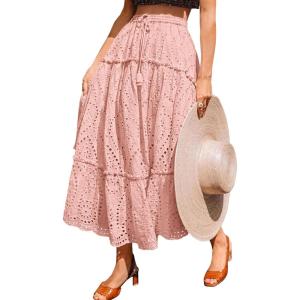 imageBTFBM Womens Boho Casual Skirts Summer 2025 Lace Embroidery Eyelet Drawstring Waist Flowy Tiered ALine Maxi SkirtPink