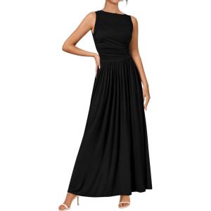 imageBTFBM Womens Sleeveless Maxi Dresses Crew Neck High Waisted Patchwork Ruched Tank Formal 2025 Summer Dress PocketsBlack