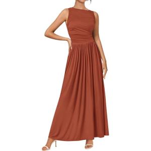imageBTFBM Womens Sleeveless Maxi Dresses Crew Neck High Waisted Patchwork Ruched Tank Formal 2025 Summer Dress PocketsBrick Red