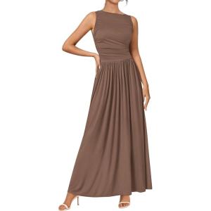 imageBTFBM Womens Sleeveless Maxi Dresses Crew Neck High Waisted Patchwork Ruched Tank Formal 2025 Summer Dress PocketsKhaki