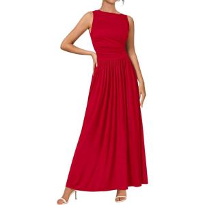 imageBTFBM Womens Sleeveless Maxi Dresses Crew Neck High Waisted Patchwork Ruched Tank Formal 2025 Summer Dress PocketsRed