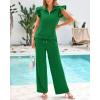 imageBTFBM 2 Piece Sets For Women Summer Airport Outfits Ruffle Cap Sleeve Quarter Zip Pullover Wide Leg Pants Lounge SetGreen