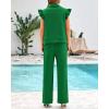 imageBTFBM 2 Piece Sets For Women Summer Airport Outfits Ruffle Cap Sleeve Quarter Zip Pullover Wide Leg Pants Lounge SetGreen