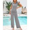 imageBTFBM 2 Piece Sets For Women Summer Airport Outfits Ruffle Cap Sleeve Quarter Zip Pullover Wide Leg Pants Lounge SetGrey