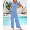 imageBTFBM 2 Piece Sets For Women Summer Airport Outfits Ruffle Cap Sleeve Quarter Zip Pullover Wide Leg Pants Lounge SetLight Blue