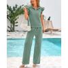 imageBTFBM 2 Piece Sets For Women Summer Airport Outfits Ruffle Cap Sleeve Quarter Zip Pullover Wide Leg Pants Lounge SetLight Green
