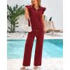 imageBTFBM 2 Piece Sets For Women Summer Airport Outfits Ruffle Cap Sleeve Quarter Zip Pullover Wide Leg Pants Lounge SetRed