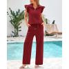 imageBTFBM 2 Piece Sets For Women Summer Airport Outfits Ruffle Cap Sleeve Quarter Zip Pullover Wide Leg Pants Lounge SetRed
