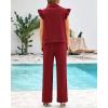 imageBTFBM 2 Piece Sets For Women Summer Airport Outfits Ruffle Cap Sleeve Quarter Zip Pullover Wide Leg Pants Lounge SetRed