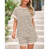 imageBTFBM Womens Striped Knit Sets 2 Piece Outfits 2025 Summer Short Sleeve Tops Elastic Waist Shorts Lounge Sets PocketsBeige Brown
