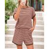 imageBTFBM Womens Striped Knit Sets 2 Piece Outfits 2025 Summer Short Sleeve Tops Elastic Waist Shorts Lounge Sets PocketsPink Coffee