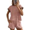 imageBTFBM Womens Striped Knit Sets 2 Piece Outfits 2025 Summer Short Sleeve Tops Elastic Waist Shorts Lounge Sets PocketsPink Coffee