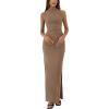 imageBTFBM Womens Two Piece Outfits Summer Lightweight 2025 Mock Neck Sleeveless Knit Tops Maxi Skirt Set Going Out DressKhaki