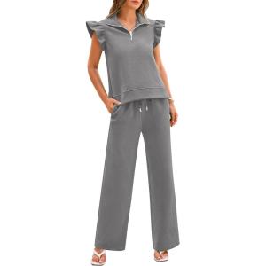 imageBTFBM 2 Piece Sets For Women Summer Airport Outfits Ruffle Cap Sleeve Quarter Zip Pullover Wide Leg Pants Lounge SetGrey