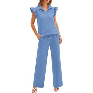 imageBTFBM 2 Piece Sets For Women Summer Airport Outfits Ruffle Cap Sleeve Quarter Zip Pullover Wide Leg Pants Lounge SetLight Blue