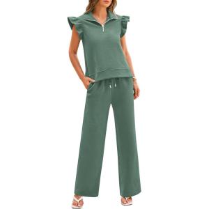 imageBTFBM 2 Piece Sets For Women Summer Airport Outfits Ruffle Cap Sleeve Quarter Zip Pullover Wide Leg Pants Lounge SetLight Green