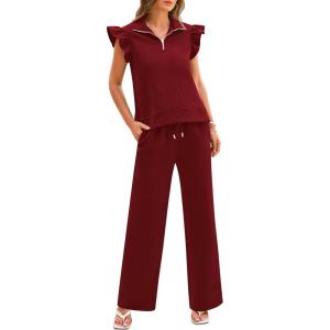 imageBTFBM 2 Piece Sets For Women Summer Airport Outfits Ruffle Cap Sleeve Quarter Zip Pullover Wide Leg Pants Lounge SetRed