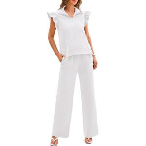 imageBTFBM 2 Piece Sets For Women Summer Airport Outfits Ruffle Cap Sleeve Quarter Zip Pullover Wide Leg Pants Lounge SetWhite