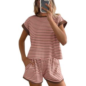 imageBTFBM Womens Striped Knit Sets 2 Piece Outfits 2025 Summer Short Sleeve Tops Elastic Waist Shorts Lounge Sets PocketsPink Coffee