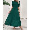 imageBTFBM Women Casual Summer Dresses 2025 Spring Crew Neck Ruffle Short Sleeve Floral Print Smocked Boho Flowy Maxi DressSolid Dark Green