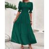imageBTFBM Women Casual Summer Dresses 2025 Spring Crew Neck Ruffle Short Sleeve Floral Print Smocked Boho Flowy Maxi DressSolid Dark Green