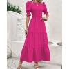 imageBTFBM Women Casual Summer Dresses 2025 Spring Crew Neck Ruffle Short Sleeve Floral Print Smocked Boho Flowy Maxi DressSolid Rose Red
