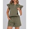 imageBTFBM Womens 2 Piece Outfits Sweatsuit Zipper V Neck Casual Ruffle Short Sleeve Tops and Drawstring Shorts Lounge SetsArmy Green