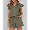 imageBTFBM Womens 2 Piece Outfits Sweatsuit Zipper V Neck Casual Ruffle Short Sleeve Tops and Drawstring Shorts Lounge SetsArmy Green