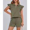 imageBTFBM Womens 2 Piece Outfits Sweatsuit Zipper V Neck Casual Ruffle Short Sleeve Tops and Drawstring Shorts Lounge SetsArmy Green