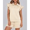 imageBTFBM Womens 2 Piece Outfits Sweatsuit Zipper V Neck Casual Ruffle Short Sleeve Tops and Drawstring Shorts Lounge SetsBeige